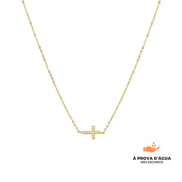 Colar Cruz com Pedras Brilhantes Banhado em Ouro 18k