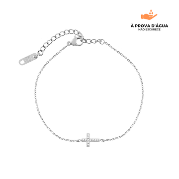 Pulseira Cruz com Pedras Brilhantes Banhada em Prata